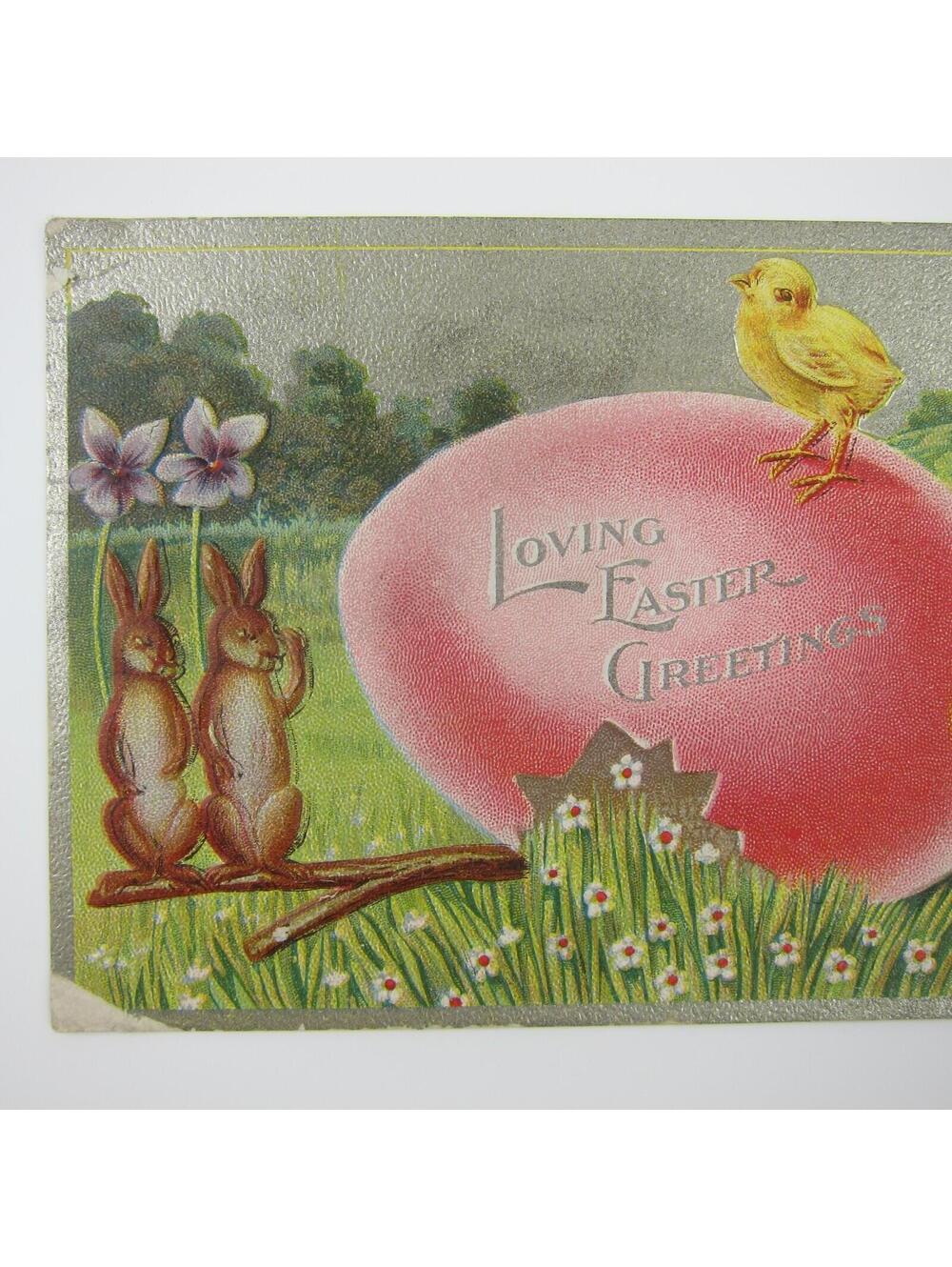Easter Postcard Rabbits & Yellow Chicks Red Colored Egg Embossed Antique 1911 - Picture 9 of 14